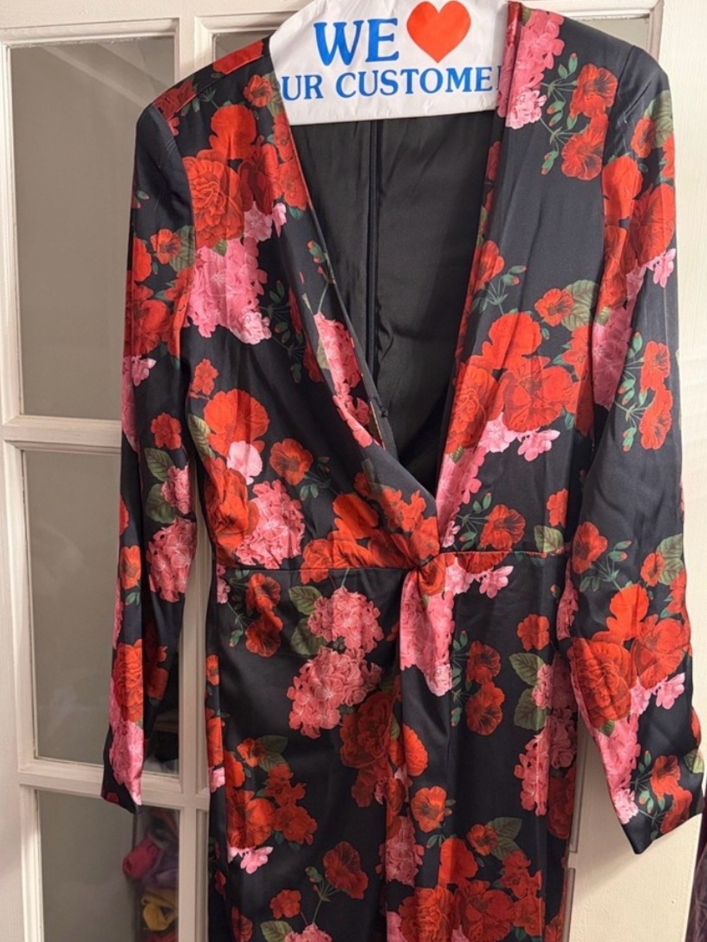 Floral Satin Long Sleeve Romper - Black with Red & Pink Floral